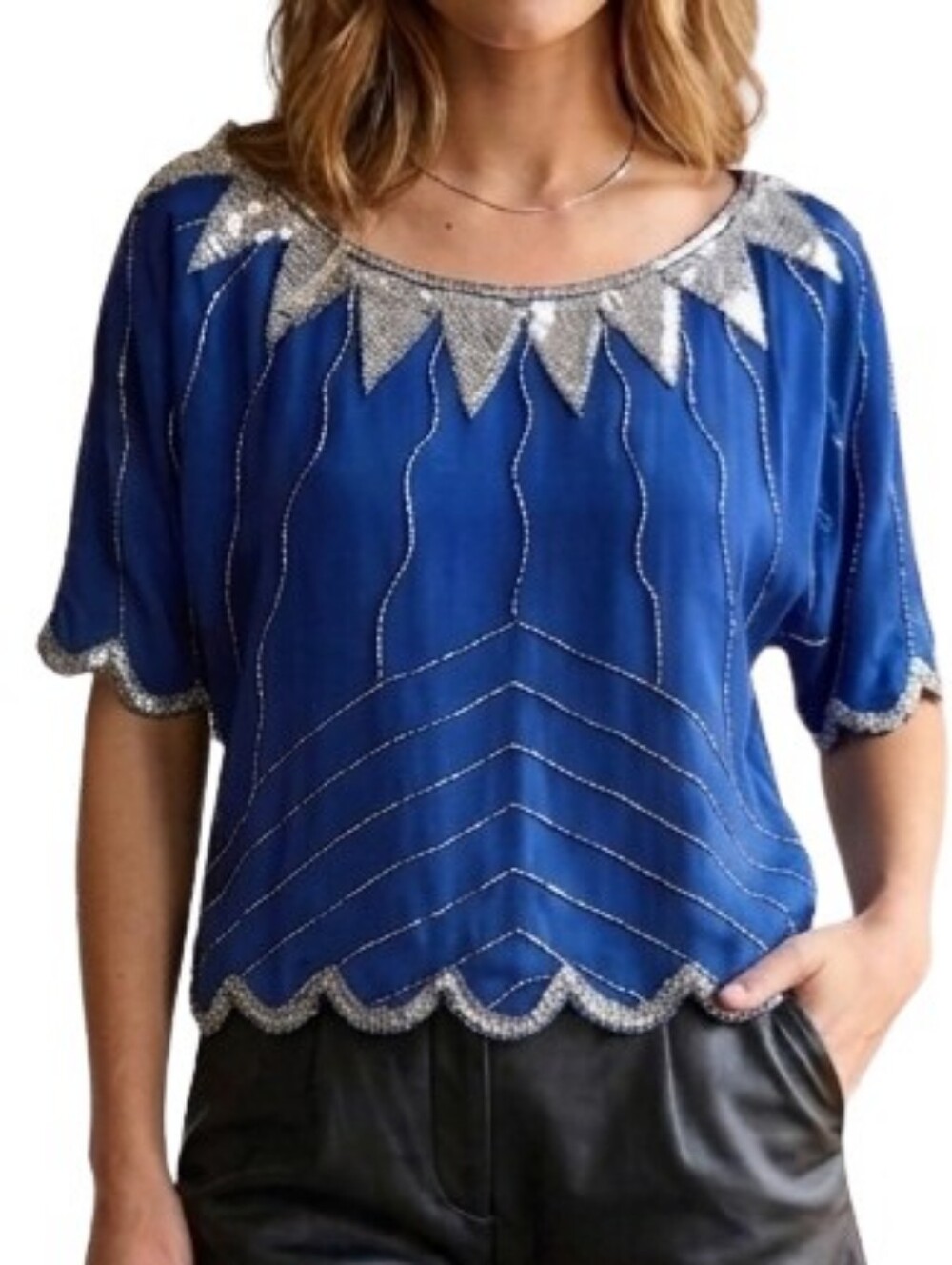 Vintage I MAGNIN Argenti Beaded Silk Short Sleeve Blouse